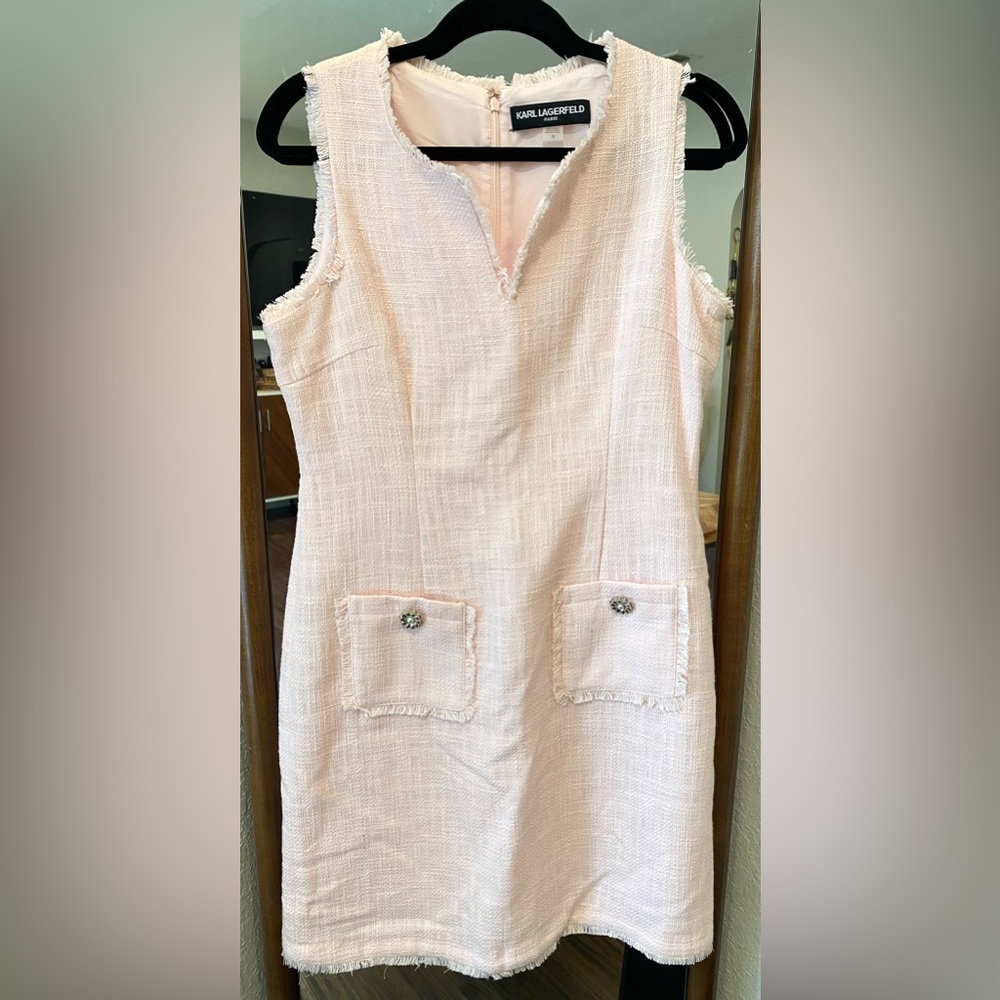 Karl Lagerfeld Pink Sleeveless Tweed Front Pockets Dress